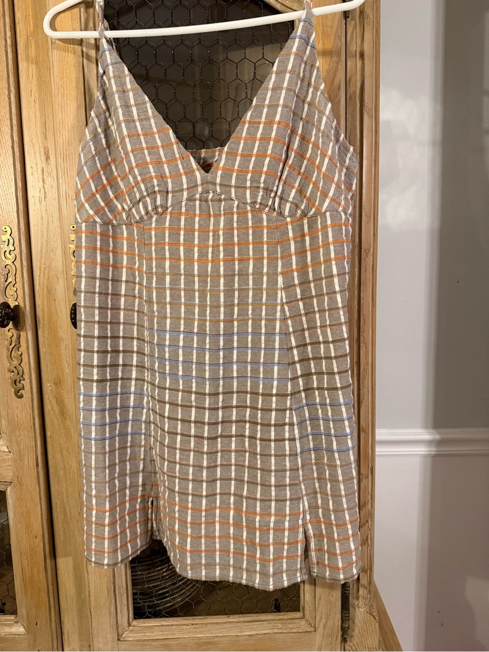 Free People Plaid Slip Dress in Beige with Orange & Blue Stripes